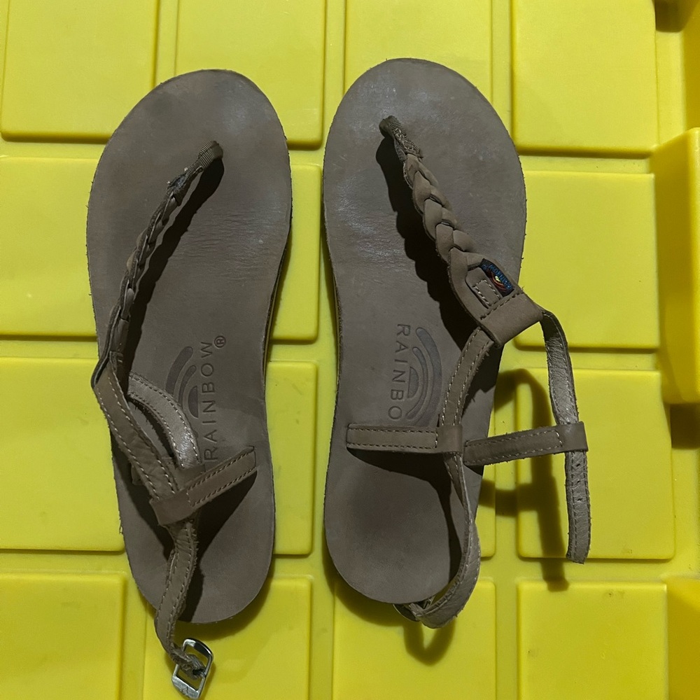 Rainbow braided sandals with ankle strap. Brown. Size small.